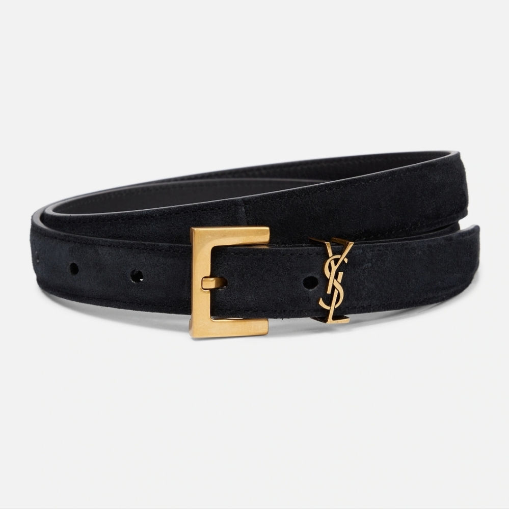 *Like New* Saint Laurent Black Suede Gold Logo Skinny Belt Size 95